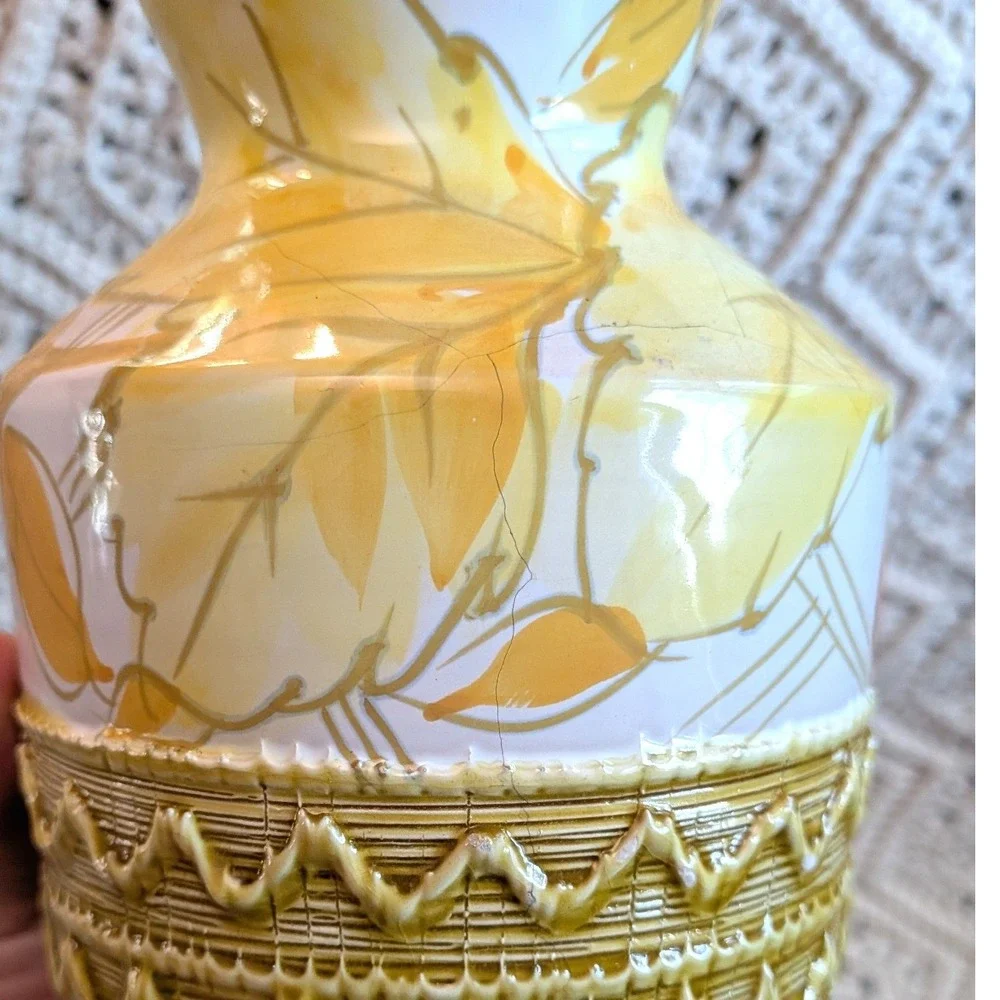 Vintage Italian FRATELLI FANCIULLACCI Pottery Vase Set Hand Painted Yellow Leaf